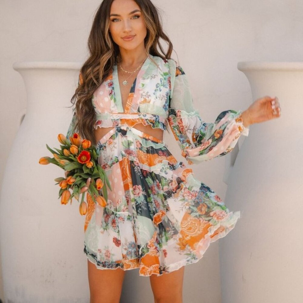 Luxxel Stefanie Patchwork Ruffle Tiered Cutout Dr… - image 1